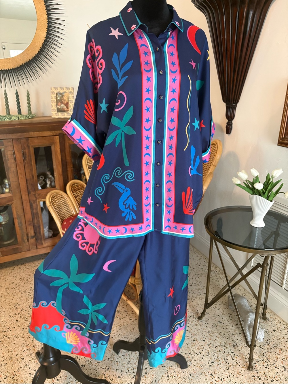 JOHNNY WAS JADE Navy Colorful Palomas Short Sleeve Shirt & Pants Set! Tags! Lg